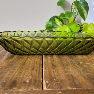 Vintage Indian Glass Co. Avocado Green Glass Basket Weave Dish | Long Oval Green Glass Dish | Mid Century Glass Dish | Indiana Glass Co