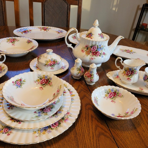 Royal Albert Chelsea Garden Bone China Tea Set | Chelsea Garden Teapot | Dinner Plate | Side Plate | Salt and Pepper | Serving Dishes