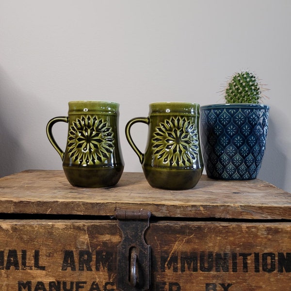 Vintage Kilrush Ceramics Irish Pottery Mugs | Green Ceramic Mug Set | Made in Ireland | Mid Century | Set of 2