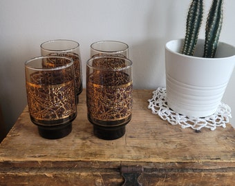 Vintage Libbey bruine en gouden bekers: set van 2 drinkglazen op voet
