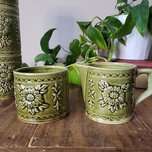 Vintage MCM Green Glazed Flower Sugar Bowl and Creamer Set | Green Sugar Bowl and Matching Creamer | Cream and Sugar Set | Made in Japan