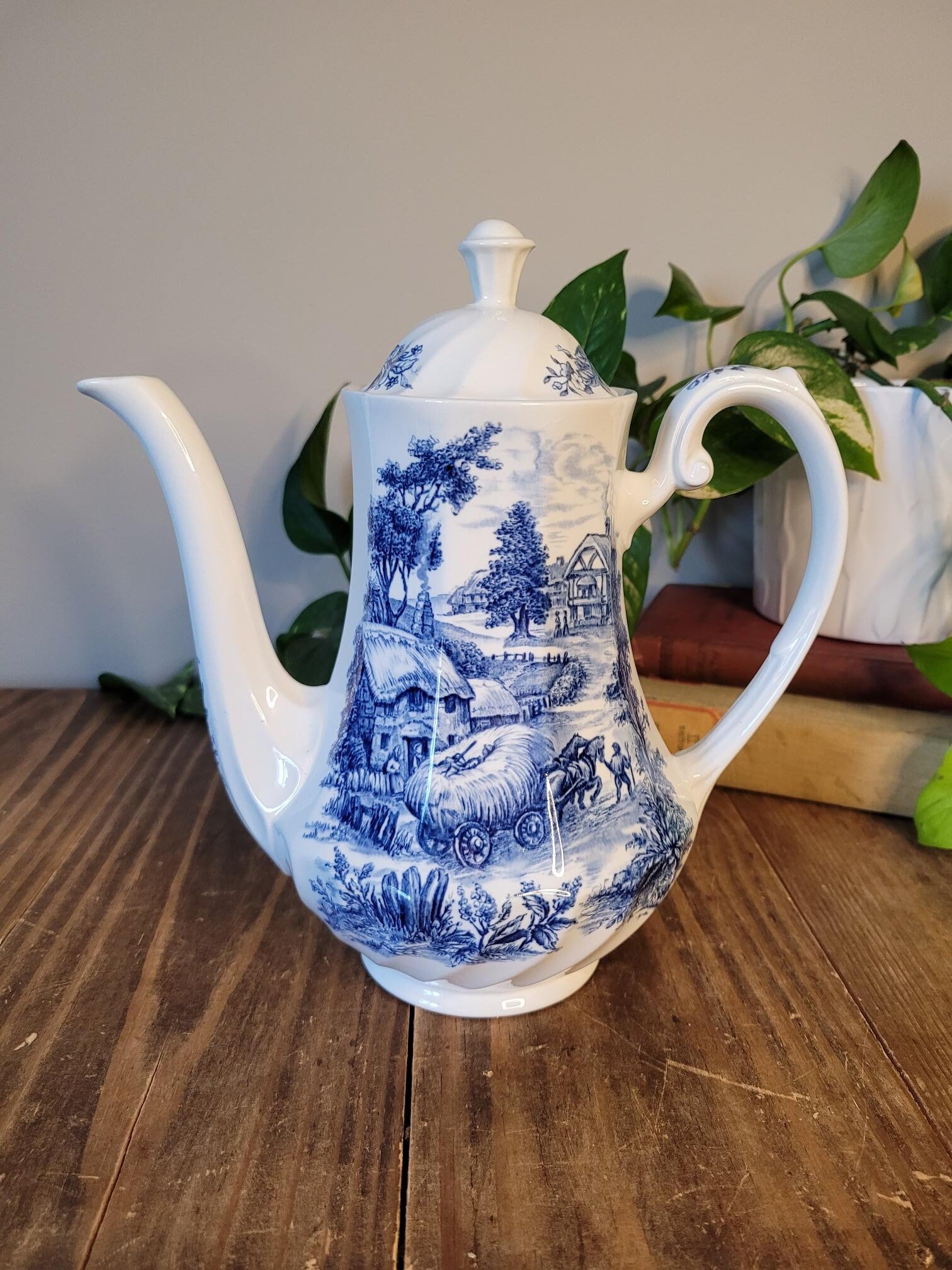 Ridgway Ironstone 'hayride' Teapot / Coffee Pot Rare Blue and White