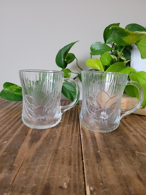 Vintage Arcoroc France Clear Glass Mugs: Embossed Crocus Flowers (Set of 2)