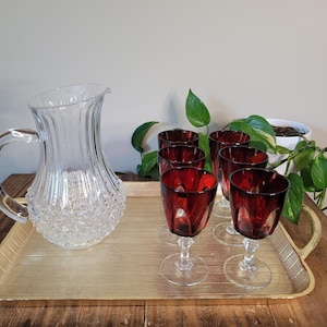Vintage French Cristal D&#39;Arques Ruby Red Cut to Clear Wine Goblets | Red Gothic Arch Goblets | Red Crystal Wine Glass | MCM Glass | Set of 2