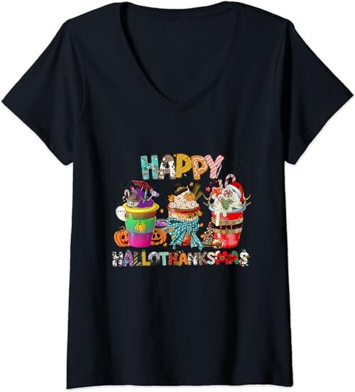 Womens Coffee Halloween Thanksgiving Christmas Happy Hallothanksmas V-Neck  T-Shirt, Sweatshirt, Hoodie - 100033