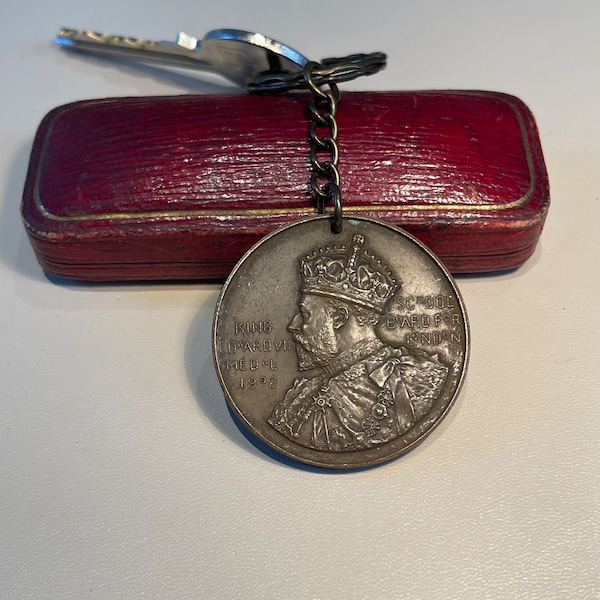 Vintage 1902 King Edward VII Medal. Engraved A.Emptace for Attendance. Added to a Split Ring Keyring. UK Monarchy.  British History.