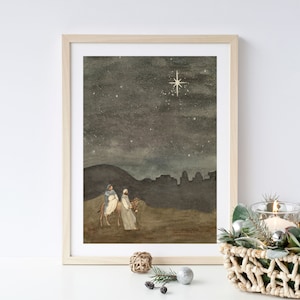 Christmas painting Nativity painting, Christman Art, Mary and Joseph, Jesus&#39; Birth, Christmas Star, Watercolor Art, Christmas Decor,