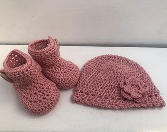 Set gehaakte babyslofjes met mutsje, roze, 100% katoen