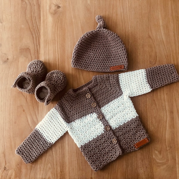 Set of crocheted cardigan, hat and slippers. Clothing set unisex, crocheted baby vest