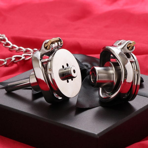 Inverted Plugged Cylinder Chastity Cage for Couple, Stainless Steel Cock Penis Rings, Adults Sex, Mature, F150