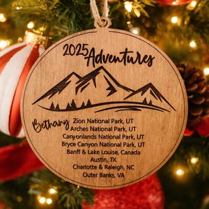 2025 Adventure Travel Christmas Ornament, gift for traveler, Xmas present for couple, family, friend,  2025 recap travels, personalized