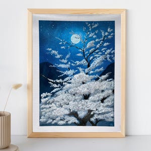Moonlit Serenity – Sakura Taihaku Painting – Original Acrylic Art on Canvas – Night Sky Wall Decor – Japanese Cherry Blossom Landscape