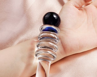 Crystal Glass Pleasure Wand Dildo Penis-AKStore -Black Head Glass Dotted Double Head Anal Sex Toy -Mature