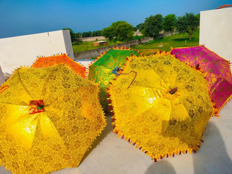 インド製装飾コットン傘セール！象柄傘、手縫い花柄タッセル付き日傘、結婚式・誕生日パーティー装飾傘 画像 17