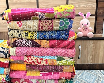 Wholesale Lot of Indian Vintage Throw Patchwork Kantha Quilt Assorted Cotton Fabric Hand stitched Bedspread Reversible Blanket 85X55 Inch