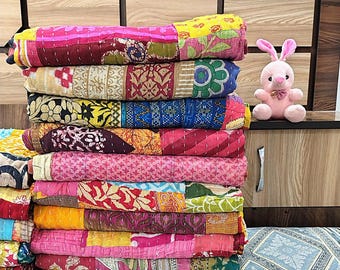 Wholesale Lot of Indian Vintage Patchwork Kantha Quilt Assorted Cotton Fabric Hand stitched Throw Bedspread Reversible Blanket 85X55 Inch