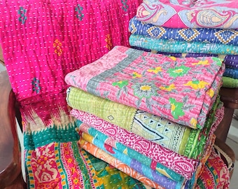 Handmade Indian Vintage Throw Kantha Quilt Assorted Multicolor Fabric Cotton Bedspread Reversible Kantha Blanket 85X55 Inch Wholesale Lot