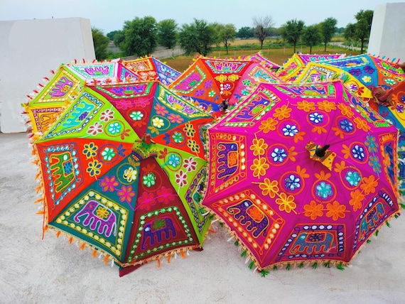 Wholesale Lot Indian Wedding Umbrella for Decorations Traditional Wedding Mehndi Party Sun Parasols Hand Embroidered Silk & Cotton Umbrellas