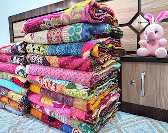 Wholesale Lot of Indian Vintage Throw Patchwork Kantha Quilt Hand stitched Assorted Fabric Cotton Bedspread Reversible Blanket 85X55 Inch