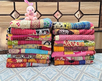 Handmade Indian Vintage Throw Patchwork Kantha Quilt Assorted Multicolor Cotton Fabric Bedspread Reversible Blanket 85X55 Inch Wholesale Lot
