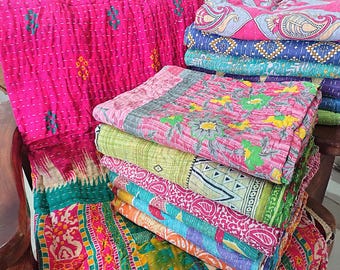 Wholesale Lot Of Indian Vintage Throw Kantha Quilt Assorted Multicolor Fabric Hand stitched Cotton Bedspread Reversible Blanket 85X55 Inch