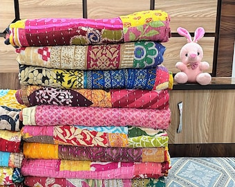 Wholesale Lot of Indian Vintage Throw Patchwork Kantha Quilt Assorted Cotton Fabric Hand stitched Bedspread Reversible Blanket 85X55 Inch
