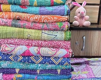 Indiase vintage Kantha sprei, diverse veelkleurige stoffen, handgestikte katoenen bedsprei, omkeerbare deken, 85 x 55 inch, groothandelspartij.