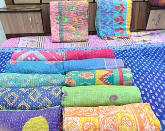 Groothandelspartij Indiase vintage Kantha sprei, diverse veelkleurige stoffen, handgestikte katoenen bedsprei, omkeerbare deken, 85 x 55 inch