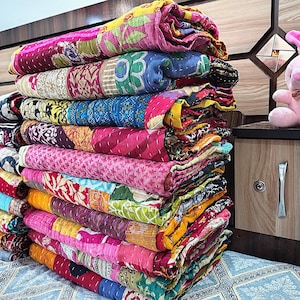 Wholesale Lot of Indian Vintage Throw Patchwork Kantha Quilt Hand stitched Assorted Fabric Cotton Bedspread Reversible Blanket 85X55 Inch