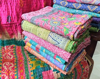 Indian Vintage Kantha Quilt Cotton Assorted Multicolor Fabric Hand stitched Throw Bedspread Reversible Blanket Quilt 85X55 Inch