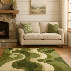 Green Abstract Wave Tufted Rug – Modern Nature Inspired Area Carpet for Living Room, Cabin & Rustic Home Décor