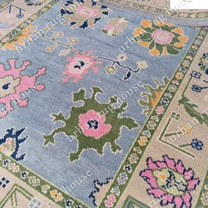 Blue Oushak Rug area 9x12/8x10,Modern oushak hand knotted wool rug in cream and blue color for living room and home decor.