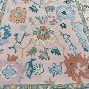 soft pink multicolour Oushak Area Rug, Green Oushak rug, Handmade Wool Rug, 10x14/9x12/8x10 Modern oushak Rug| Neutral oushak rug