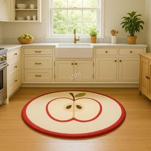 Apple Slice Tufted Rug – Cute Round Fruit Carpet for Kitchen, Dining Room, or Kids Play Area