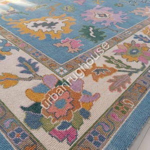 Exquisite blue and whte  Oushak Hand Knotted Rug 4x6, 5x8, 6x9, 8x10, 9x12, 10x14 ft Handmade Rugs for Living Room Antique Contemporary rug