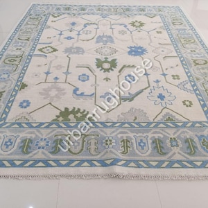 9x12 Handmade Modern Oushak Rug with Sea Blue Border Olive green Blue Accent Modern Rug | Living Room rug Floral Design 6x9, 8x10