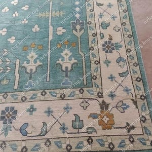 teal green and  beige Oushak Hand Knotted Area Rug for Bedroom, Living room, dining area, Pastel Oushak Rug, Geometric Handmade Rug 8x10/6x9