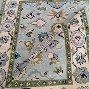 Light Blue Exquisite Oushak style Hand Knotted Rug 4x6, 5x8, 6x9, 8x10, 9x12, 10x14 ft Contemporary Handmade Rugs for Living Room, bed room