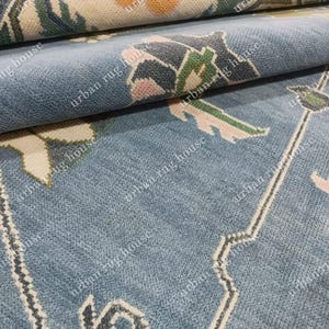 Ready to ship 8x10 blue white Oushak Made to Order (In Any Size!) Geometric Knotted Modern Oushak rug/pastel/sage/muted oushak rug.