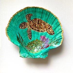 Hand painted scallop shell with turtle.