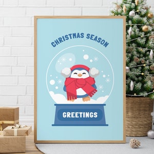 Season&#39;s Greetings Penguin JPG – Scarf Snow Globe Printable Wall Art, Cute Blue Christmas Decor, Fun Winter Gift, Instant Download