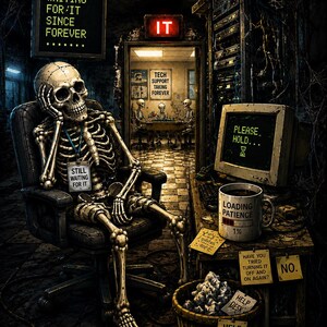 Funny IT Support Skeleton T-Shirt, Waiting for Tech Support Since Forever Tee, Programmer Gift, Computer Geek Shirt, Help Desk Humor