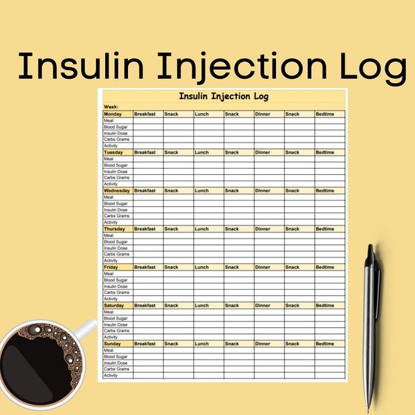 Insulin Injection with Meal Tracker Page,Digital Diabetis Log Book, Blood Sugar Glucose Tracker PDF, Meal and Insulin Shots Log, Diabetes