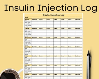 Insulin Injection with Meal Tracker Page,Digital Diabetis Log Book, Blood Sugar Glucose Tracker PDF, Meal and Insulin Shots Log, Diabetes