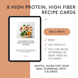 Cartes de recettes pour la préparation de repas riches en protéines et en fibres avec macros, 8 recettes numériques faciles, calculs nutritionnels en calories inclus