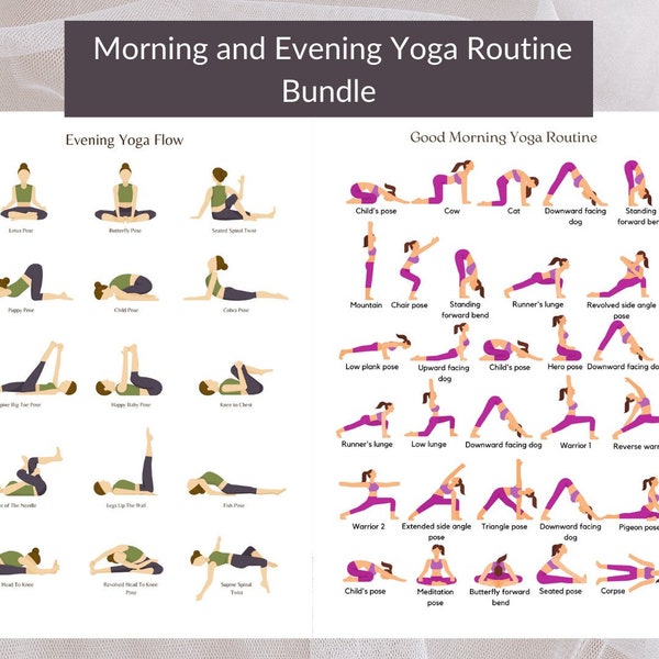 Morning and Evening Yoga Routine 2 Page Bundle,Yoga Poses Printable, Yoga Studio Decor,Yoga poses illustrations pdf, Stretching Printables