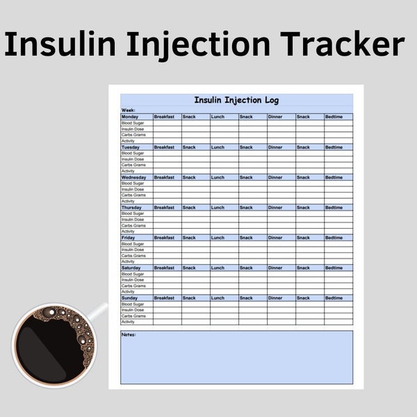 Insulin Injection Tracker Page,Digital Diabetis Log Book, Blood Sugar Glucose Tracker PDF, Meal and Insulin Shots Log,Gestational Diabetes