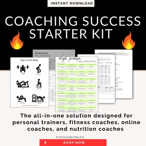 Könnte beinhalten: Ein digitaler Download mit dem Titel "Coaching Success Starter Kit" mit schwarzem Hintergrund und weißem Text. Das Bild enthält einen Wochenessensplaner, einen 7-Tage-Essensplan und Übungsdiagramme. Der Text lautet: "Die All-in-One-Lösung für Personal Trainer, Fitnesstrainer, Online-Coaches und Ernährungsberater."