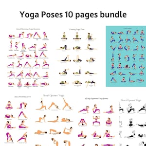 Bundel yogahoudingen 10 pagina's afdrukbaar, digitale download yogahoudingen, yoga-oefeningen pdf, illustraties yogahoudingen, bundel yogagoeroe, poster/decor