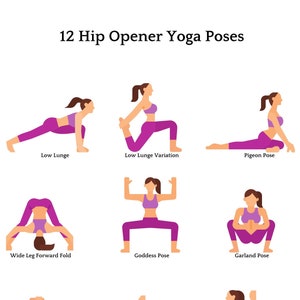 Heupopener yogahoudingen afdrukbaar, digitale download yoga heupen flexibiliteit poster pdf, decor yogastudio, verlichting van pijn in de heup yoga, yoga-illustraties